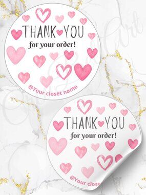 60 Personalized Hearts Thank You Stickers 2 inch Glossy